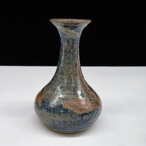 Signed Ceramic Vase Rustic Blue & Brown Glaze Finish Studio Pottery 4.25"
